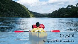  Presentation with boat river - Slide deck enhanced with tourist-on-yellow-packraft-boat background and a light blue colored foreground