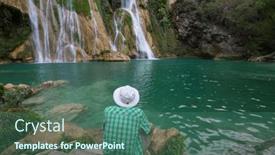  Presentation with waterfall - Slide set with tourist-resting-near-beautiful-waterfall background and a ocean colored foreground