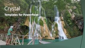  Presentation with jungle - PPT layouts consisting of tourist-resting-near-beautiful-waterfall background and a tawny brown colored foreground