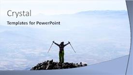  Presentation with mountain top - Beautiful slide deck featuring tourist-standing-on-volcanic-mountain backdrop and a sky blue colored foreground