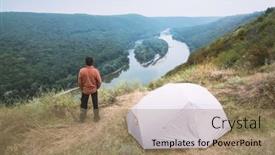  Presentation with tent - Audience pleasing PPT theme consisting of tourist-stands-near-a-tent backdrop and a coral colored foreground