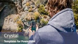  Presentation with new zealand - Slides featuring tourist-taking-phone-photo background and a ocean colored foreground