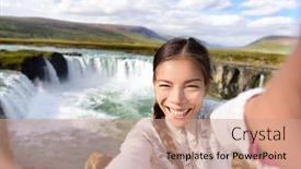  Presentation with waterfall woman - Beautiful presentation featuring tourist-taking-video-selfie backdrop and a coral colored foreground
