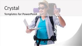  Presentation with laptop computers around the world - Colorful slide deck enhanced with tourist trying to find direction backdrop and a white colored foreground