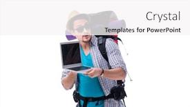  Presentation with find - PPT theme with tourist trying to find direction with laptop background and a white colored foreground