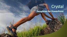  Presentation with rock climbing - Presentation theme having tourist with backpack climbing a steep rock over blue sky background background and a ocean colored foreground