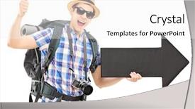  Presentation with backpack - Colorful slide set enhanced with black arrow and giving thumb backdrop and a white colored foreground