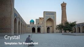  Presentation with city buildings - Theme consisting of tourist-with-backpack-sits background and a gray colored foreground