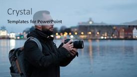 Presentation with tourist - Audience pleasing slide set consisting of tourist-with-camrea-against-tyskebryggen backdrop and a light blue colored foreground