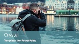  Presentation with women safety against harrasment - PPT theme featuring tourist-with-camrea-against-tyskebryggen background and a  colored foreground