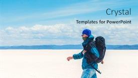  Presentation with tomography equipment - Beautiful presentation theme featuring tourist with equipment and camera walking in sunshine salar de uyuni backdrop and a light blue colored foreground