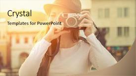  Presentation with shooting - Presentation theme featuring tourist with photo camera shooting background and a blonde colored foreground