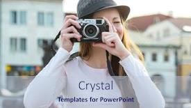  Presentation with shooting - Presentation consisting of tourist with photo camera shooting on the street background and a lemonade colored foreground