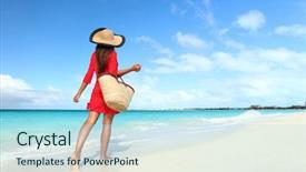  Presentation with beach bag - Theme with tourist with straw sun hat background and a light blue colored foreground
