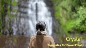  Presentation with waterfall woman - Presentation theme with tourist-woman-go-hiking-view background and a tawny brown colored foreground