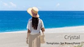  Presentation with taiwan - Presentation theme with tourist-woman-go-qixingtan-beach background and a mint green colored foreground