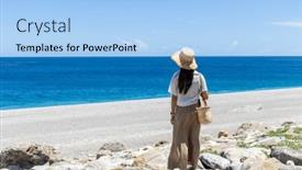  Presentation with taiwan - Slide set having tourist-woman-go-qixingtan-beach background and a light blue colored foreground