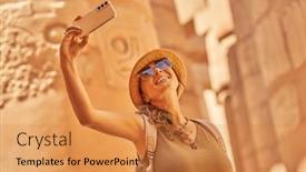  Presentation with karnak - Presentation theme consisting of tourist-woman-in-karnak-temple background and a gold colored foreground