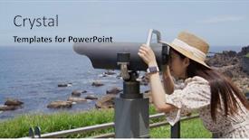  Presentation with binocular - Presentation with tourist-woman-look-at-tourist background and a light blue colored foreground