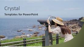  Presentation with binocular - Theme enhanced with tourist-woman-look-at-tourist background and a light blue colored foreground
