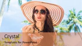  Presentation with kiss - Presentation design with tourist woman on tropical beach blowing a kiss palm trees in background background and a coral colored foreground