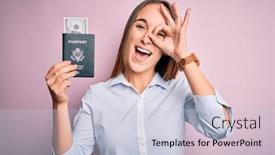  Presentation with passport travel - Beautiful PPT theme featuring tourist-woman-on-vacation-holding backdrop and a lemonade colored foreground