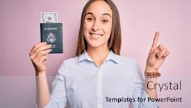  Presentation with passport travel - Cool new presentation design with tourist-woman-on-vacation-holding backdrop and a lemonade colored foreground