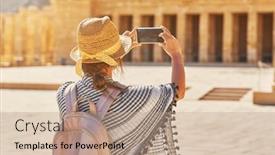  Presentation with mortuary - Presentation theme featuring tourist-woman-taking-photo-od background and a coral colored foreground
