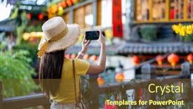  Presentation with take - Presentation design featuring tourist-woman-use-cellphone background and a tawny brown colored foreground