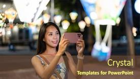  Presentation with mobile use - Slide deck having tourist-woman-use-mobile-phone background and a tawny brown colored foreground