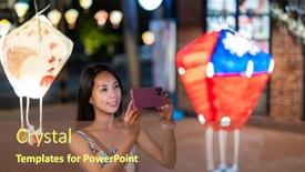  Presentation with mobile use - PPT theme consisting of tourist-woman-use-mobile-phone background and a tawny brown colored foreground