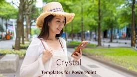  Presentation with smart city - Presentation theme featuring tourist-woman-use-smart-phone background and a  colored foreground