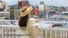  Presentation with tourist - Slides featuring tourist-woman-visit-keelung-city background and a coral colored foreground