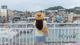  Presentation with tourist - PPT layouts enhanced with tourist-woman-visit-keelung-city background and a light gray colored foreground