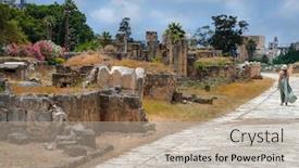  Presentation with world travel - Colorful presentation enhanced with tourist-woman-walking-along-ruins backdrop and a mint green colored foreground