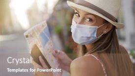  Presentation with face mask - Presentation theme having tourist-woman-with-face-mask background and a coral colored foreground