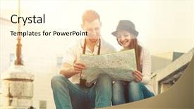 Presentation with city map - PPT theme with touristic couple looking at map background and a cream colored foreground