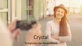  Presentation with shooting - Presentation design having touristic couple shooting on the modile phone at the city streets under sunlight background and a coral colored foreground