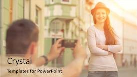  Presentation with shooting - Beautiful presentation theme featuring touristic couple shooting on the modile phone at the city streets under sunlight backdrop and a coral colored foreground