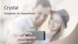  Presentation with shooting - Presentation theme having touristic couple shooting on the modile phone at the city streets under sunlight background and a sky blue colored foreground