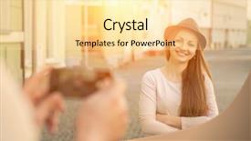  Presentation with shooting - Amazing PPT theme having touristic couple shooting on the modile phone at the city streets under sunlight backdrop and a blonde colored foreground