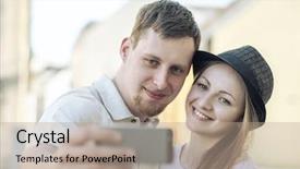  Presentation with shooting - Amazing slide deck having touristic couple shooting on the modile phone selfy at the city streets under sunlight backdrop and a coral colored foreground