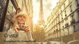  Presentation with woman world - Presentation design with touristic place in the world background and a coral colored foreground