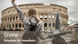  Presentation with woman world - Presentation theme featuring touristic place in the world background and a gray colored foreground