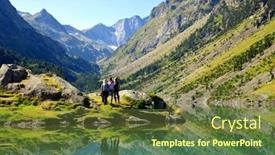  Presentation with tourists - Presentation theme having tourists at gaube lake mountains landscape in the pyrenees france background and a tawny brown colored foreground