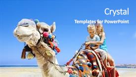  Presentation with camel - Cool new PPT theme with tourists children riding camel backdrop and a teal colored foreground