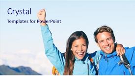  Presentation with mountain hiking - Theme featuring tourists couple trekking in altitude background and a sky blue colored foreground