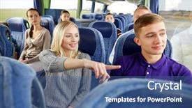  Presentation with road bus - Colorful presentation design enhanced with tourists driving in travel bus backdrop and a ocean colored foreground