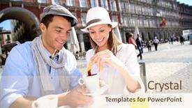  Presentation with tourists - Beautiful slide deck featuring tourists eating churros in madrid backdrop and a lemonade colored foreground