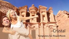  Presentation with petra jordan - PPT theme with tourists happy at the monastery background and a coral colored foreground
